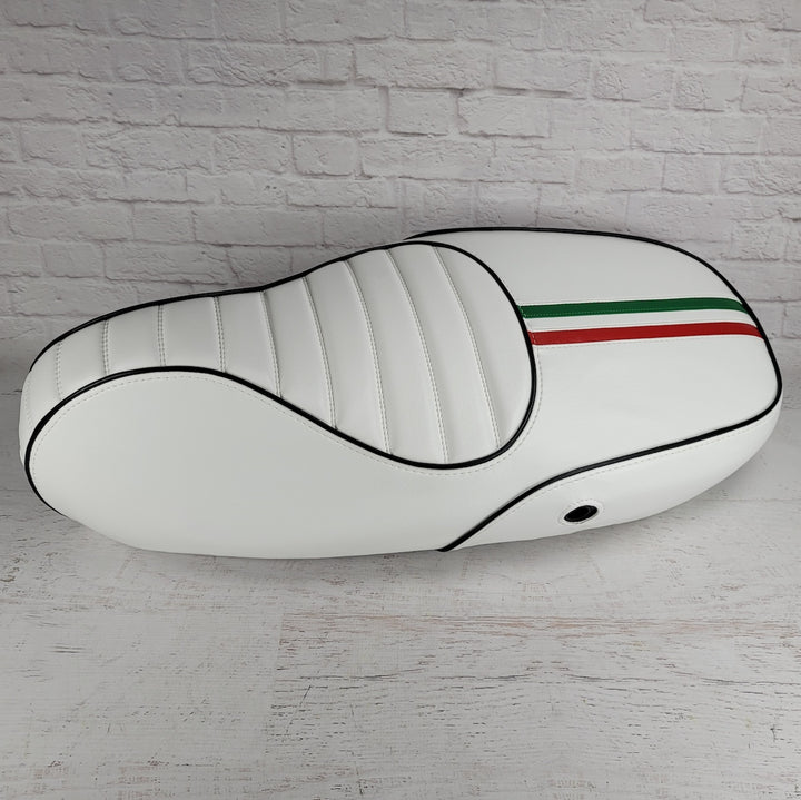 Vespa Sprint / Primavera WHITE Seat Cover Tuck and Roll with Italian Racing Stripe