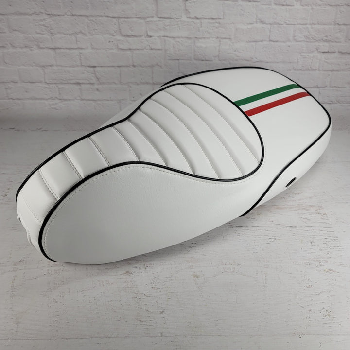 Vespa Sprint / Primavera WHITE Seat Cover Tuck and Roll with Italian Racing Stripe