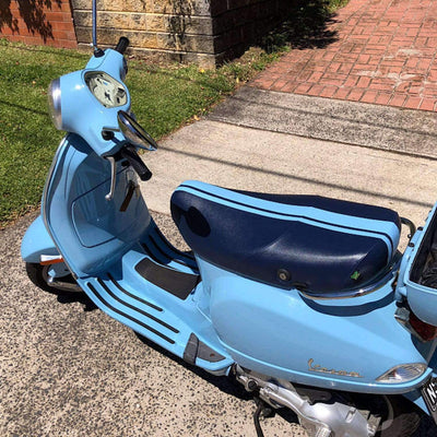 Vespa LX 50 / 150 Seat Cover Navy and Tiffany Blue Racing Stripes